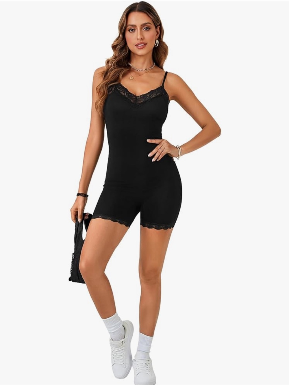 Women’s Jumpsuit Spaghetti Straps Lace V Neck Sleeveless Short Romper Black L - Picture 6 of 16